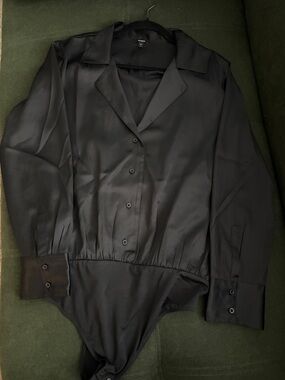 Express Black Silk-Look Button Front Collared Bodysuit Top